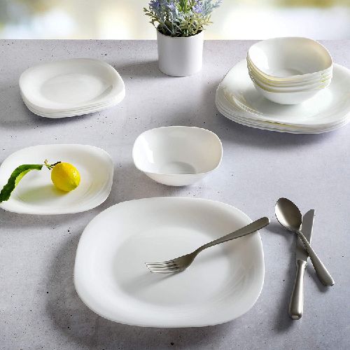 Gibson Home 18pcs Piazza Soft Square Dinnerware Set White Opal Tempered Glass