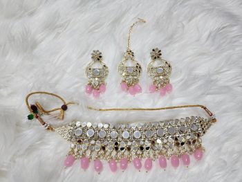 Gold Plated Austrian Stone Beads & Mirror Necklace Set - Light Pink