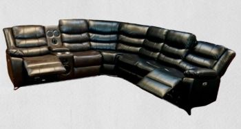 L-Shaped Leather Recliner 7 Sitter Sofa Set With Cup Holder Console, | LED Light & Built In Boom Box Speakers