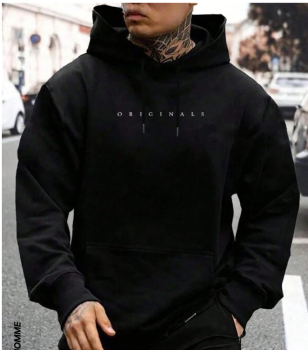 Mens Graphic Black Hoodie with Pockets and Drawstring