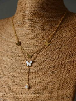 18K Gold Plated Butterfly Layered White Necklace