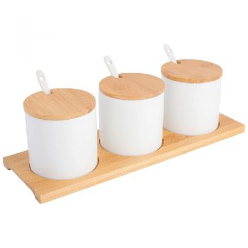 Gibson Home 10pcs Gracious Dining Condiment Jars With Spoon & Bamboo Lid Set - White