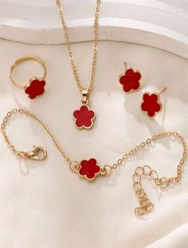 4pcs Simple & Stylish Clover & Five-Petal Flower Jewellery Set