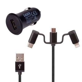 Laser 2.4A Car Charger, 3-in-1 Charging Cable, Black