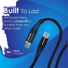 Promate USB-C to USB-C Fabric Braided Cable, 1m, Black