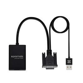 Promate VGA to HDMI Display Adaptor, 1080p, Built-in USB Cable, Black