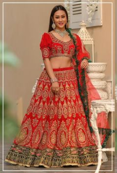 Lehenga Red with Green-UPTo 42 Bust & Waist 