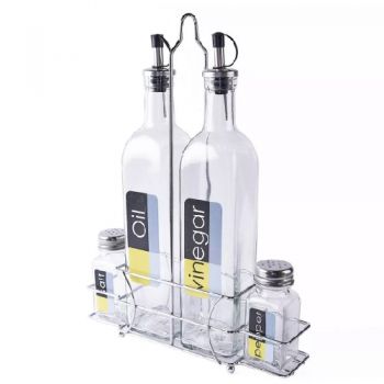 General Store-Oil And Vinegar Set With Salt And Pepper Shakers And Metal Caddy