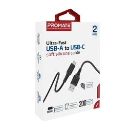 Promate USB-A to USB-C Data, Charge Flexible Cable, 2m, Black