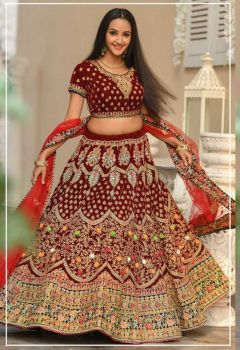 Lehenga- Maroon With Flowers -UPTo 42 Bust & Waist 