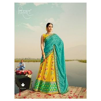 2002-Lehenga-Yellow with Blue & Green -L 