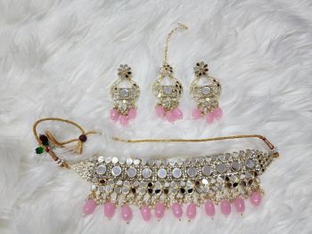 Gold Plated Austrian Stone Beads & Mirror Necklace Set - Light Pink