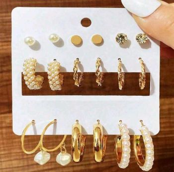 9 pairs Pearl Inlaid Hoops Earrings & Rhinestone Stud Earrings Set