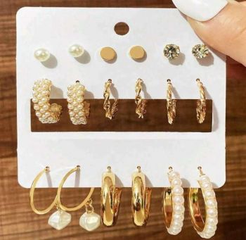 18 pcs Gold Plated Pearl Inlaid Hoop Earrings & Rhinestone Stud Earrings Set