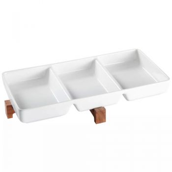 Gibson Home 3-Sect Gracious Dining Rectangular Tidbit Dish With Wood Stand - White