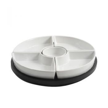 Gibson Home Gracious Dining 5 Pc Tidbit Dishes with Rotable Wood Base, White, Solid Color, Stoneware