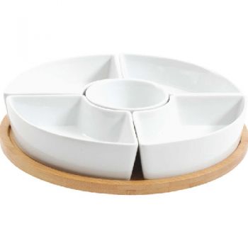 Gibson Home Gracious Dining 5 Pc Tidbit Dishes W/ Rotable Wood Base, White, Solid Color, Stoneware