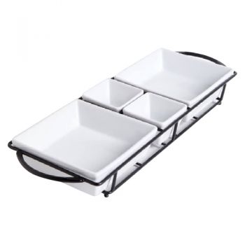 Gibson Elite - Gracious Dining Rectangle Serving Tidbit Dishes Set With Metal Rack - White - 2 X 17.15Cm, 2 X 8.26Cm