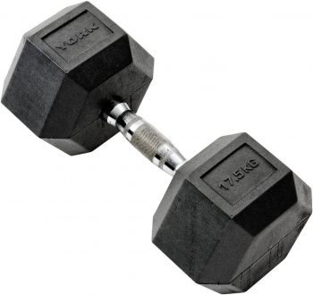 YORK  17.5KG RUBBER HEX D/BELL W' CHROME HNDLE / EACH 