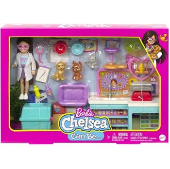Barbie Chelsea Doll & Accessories, Pet Vet Playset, 4 Animals 18 Pcs