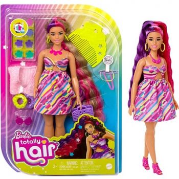 Barbie Totally Hair Flower-Themed Doll, Curvy, 22 cm Fantasy Hair, Dress, 15 Hair & Fashion Accessories, Color Change Feature
