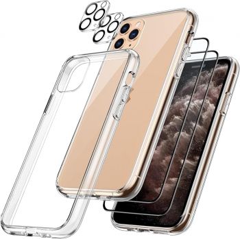JETech 5 in 1 Case for iPhone 11 and 11 Pro 5.8-Inch, with 2-Pack Screen Protector and 2-Pack Camera Lens Protector, Non-Yellowing Shockproof Phone Cover, Full Coverage Tempered Glass Film (Clear)