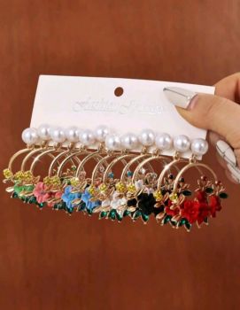 1pair Rhinestone & Flower Decor Circle Drop Earring