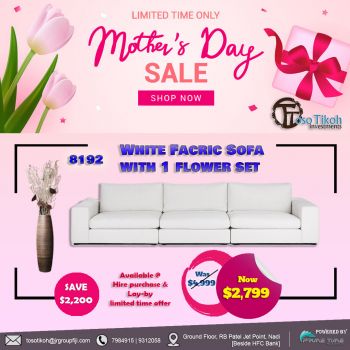 White Fabric Sofa with one set artificial flowers with vase