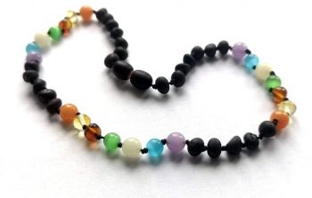 Baltic Amber UNIQUE black colored beads with colorful stones baby teething necklace (Raw) 
