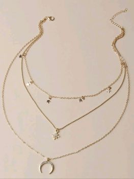 Rhinestone Moon & Star Charm Layered Necklace