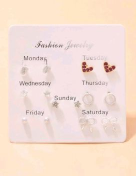 7 pairs Rhinestone Heart Decor Stud Earrings