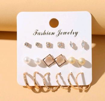 9 pairs/set New European And American Style Cross-border Trendy Earrings With Geometric C-shaped Metal Hoop &  Imitation Pearl Inlay