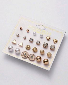 12 pairs Love Heart Heart Triangle Circle Faux Pearl Stud Earring set