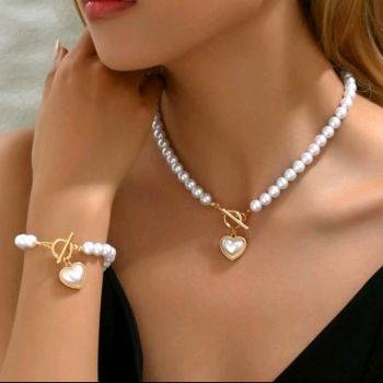 Faux Pearl Necklace + Bracelet Set 