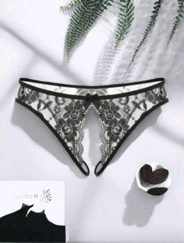 Crotchless Lace Black Thong #09