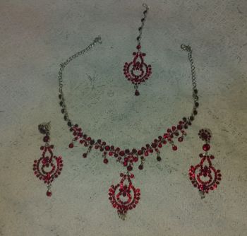 4 pcs Red Rhinestone Jhumka, Pendant and Earring Set