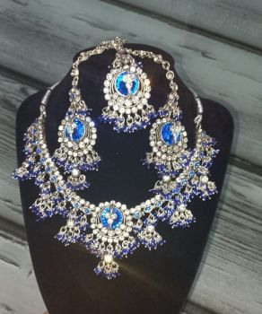 4 pcs  Dark Blue Rhinestone Jhumka, Pendant and Earring Set
