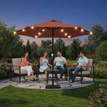 Outdoor Patio Umbrella + Water Base + Solar Light