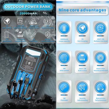 Solar Outdoor Power bank 20000mah with Wireless Charge